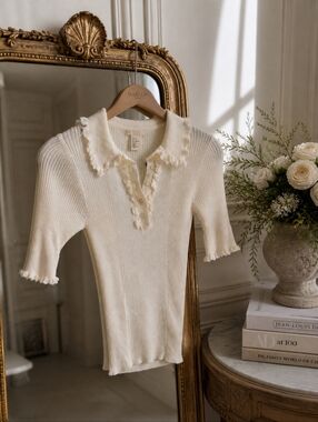 H&M White Ruffle-Trim Ribbed Knit Top